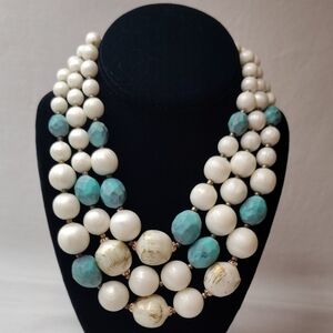 3 Strand Faux Pearl and Faux Turquoise Necklace